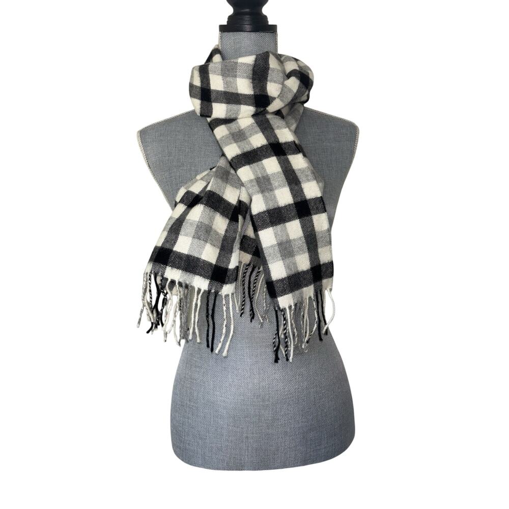 Peruvian Link 100% Baby Alpaca Gray White Plaid Fringe Scarf